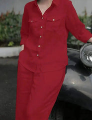 Lapel Neck Long Sleeve Shirt Solid Trousers Suits