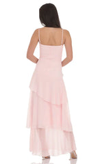 Long Ruffle Maxi Dress In Pastel Pink