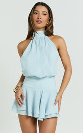 Bryonie Mini Dress - Backless Halter Dress In Pale Blue
