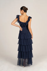 Adele Navy Tiered Dress With Ruffle Straps