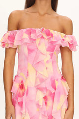 Scarlet Off-Shoulder Ruffle Trim Maxi Dress Print Pink