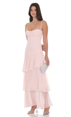 Long Ruffle Maxi Dress In Pastel Pink