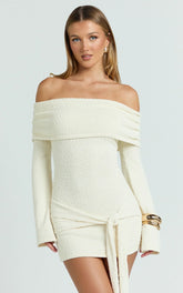 Rhianna Mini Dress - Knitted Off Shoulder Tie Waist Mini Dress In Cream