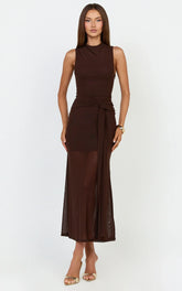 Jaimae Midi Dress - High Neck Side Knot Detail Mesh Dress In Chocolate