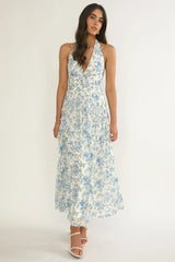 She'S Glowing Halterneck Ruffle Dress Floral Blue