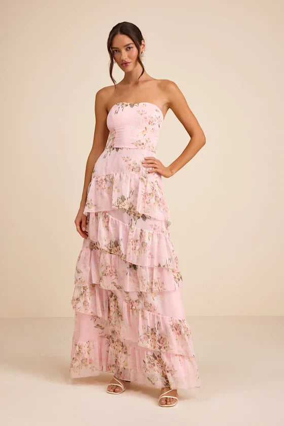 Niyati Blush Floral Strapless Tiered Maxi Dress