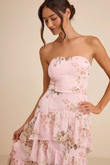 Niyati Blush Floral Strapless Tiered Maxi Dress