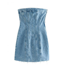 Blue Denim Strapless Tube Dress