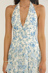 She'S Glowing Halterneck Ruffle Dress Floral Blue